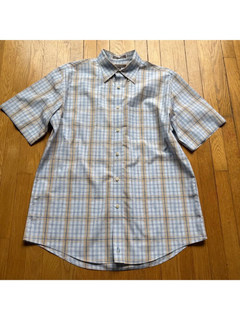 Nordstrom Size L Blue & Tan Plaid Wrinkle-Free Cotton Blend Button-Down Shirt - Picture 4 of 13